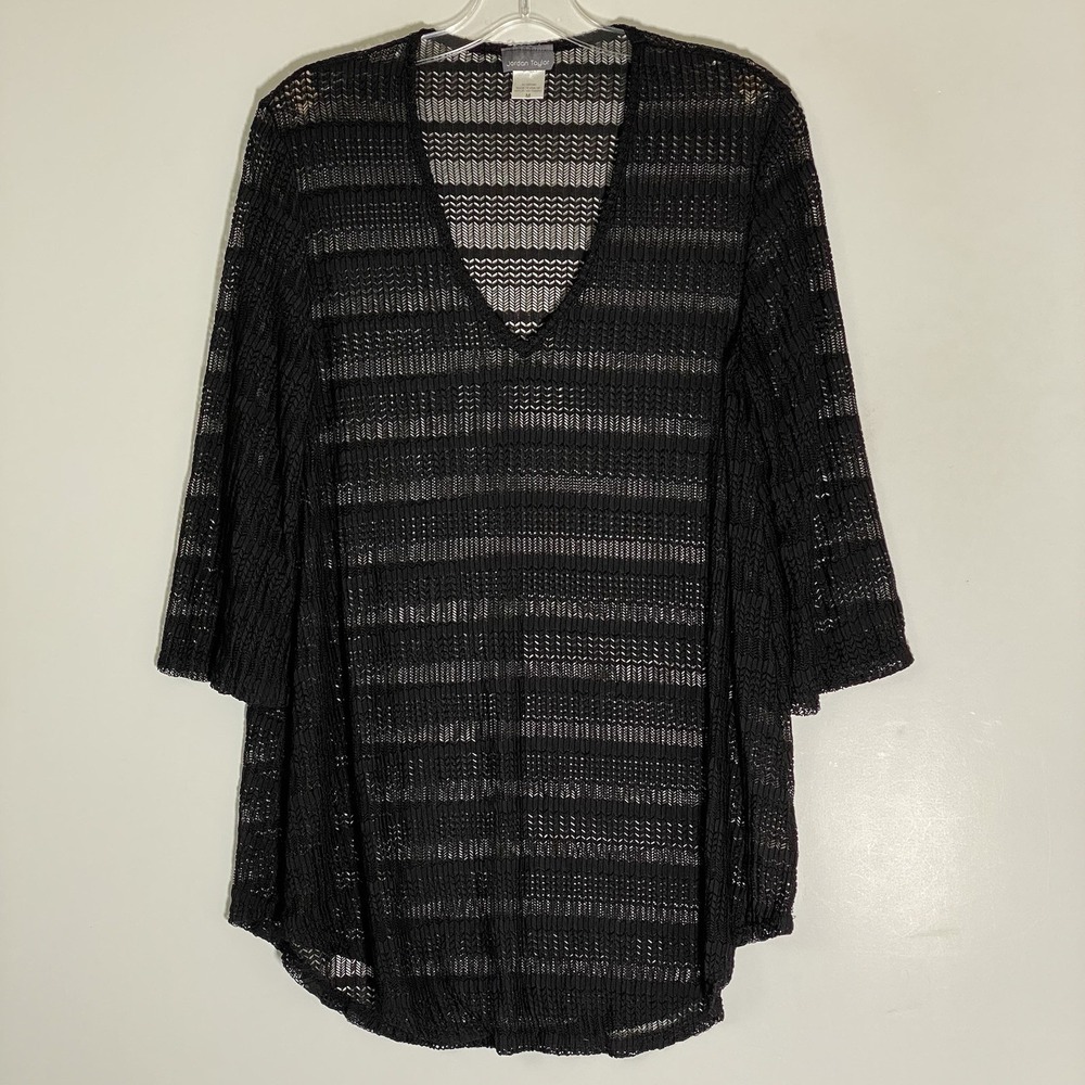 Jordan Taylor Cover Up Womens Medium Black Mesh Stripe 3/4 Sleeve Tunic Swimwear